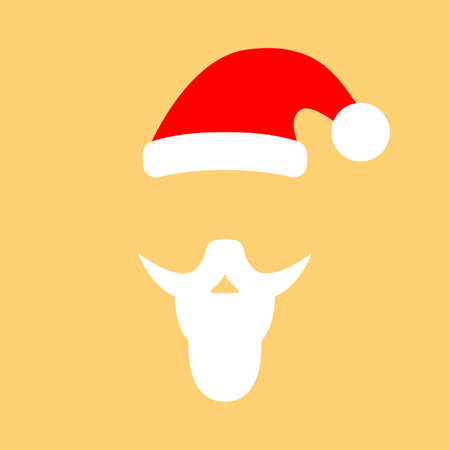 Red Cap with white pompon of Santa Claus and white mustache with a beard isolated on yellow background. Greeteng card with Santa Claus hat, flat style,icon. Festive Cristmas poster.Vector illustration.のイラスト素材