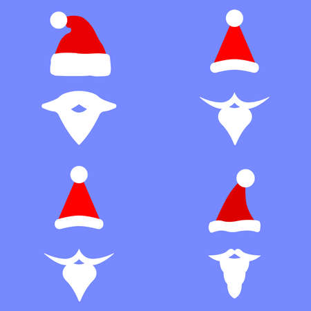 Santa hat, beard and mustache vector icon. Hat mustache and beard of Santa Claus isolated on blue background. Vector set of mustache hat and beards of Santa Claus. Icons isolated. Vector illustration. Icons in a flat style. New Year's and Christmas.のイラスト素材