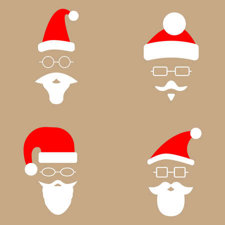 Santa hat, beard and mustache vector icon. Hat mustache and beard of Santa Claus isolated on Brown background. Vector set of mustache hat and beards of Santa Claus. Icons isolated. Vector illustration. Icons in a flat style. New Year's and Christmas.のイラスト素材