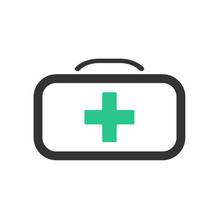 First aid kit icon. First aid case vector icon in flat style. First aid bag icon with green cross. Vector illustration. Simple icon. Medical equipment.のイラスト素材