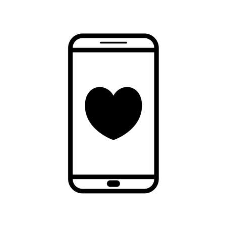 Smartphone icon with black heart on the screen. Vector icon of a smartphone with a heart inside. Smartphone linear icon with heart. Vector illustration.のイラスト素材