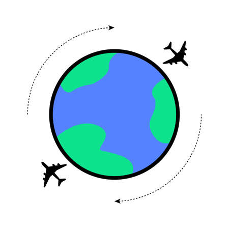 Airplane travel icon. Vector icon of aircraft flying around the earth. Airplane and planet earth icon in flat style. Icon isolated.のイラスト素材