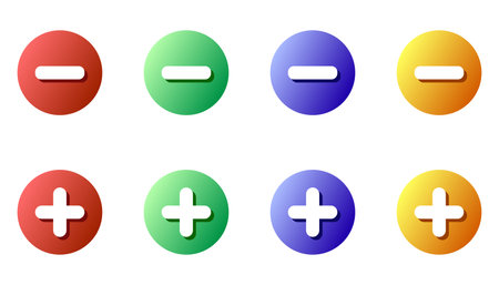 Plus and minus icons set. Vector set of colored plus and minus buttons in flat style. Concept icons with plus and minus for web design and graphical interface. Vector illustration.のイラスト素材