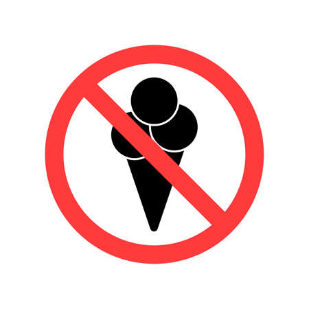 Ice cream prohibition sign. Vector icon prohibiting entry with food. Ice cream under the sign of the ban. Vector icon for public places. Vector illustration.のイラスト素材