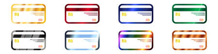 Bank cards vector set. Outline icons of trendy bank cards in flat style. Set of multi-colored bank cards. Card icons for contactless payments or purchases. Vector illustration.のイラスト素材