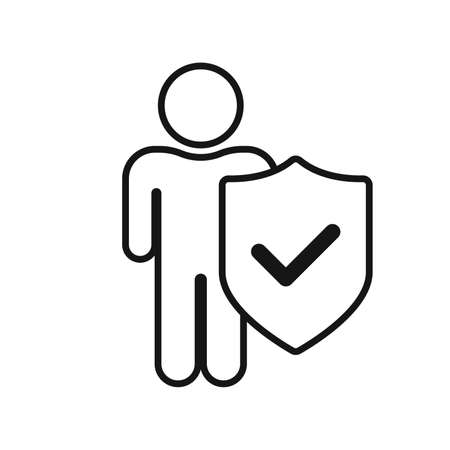 Person protected icon. Outline of a man with a shield insured icon. Vector icon of a person with a check mark on the shield. Protection of human rights. Person protected icon.のイラスト素材