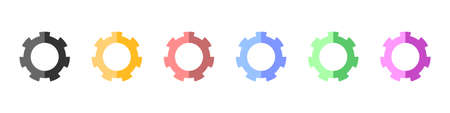 Gears vector set. Multicolored gears in a flat style set. Set of trendy colored gears icons isolated on white background. Vector illustration.のイラスト素材