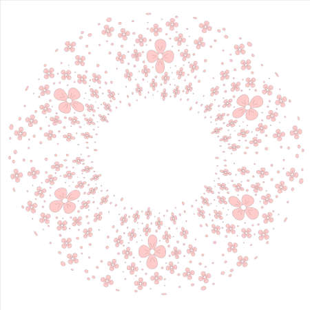 Round frame made of pink flowers and circles on a white background. Vector illustration. Postcard.のイラスト素材