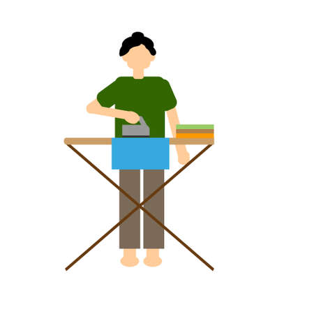 A woman is ironing clothes on an ironing board. Vector illustration.のイラスト素材