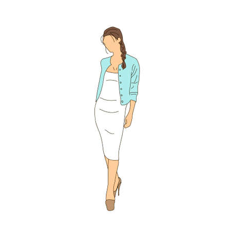 A woman in a white sheath dress and a blue cardigan on a white background. Vector illustration.のイラスト素材