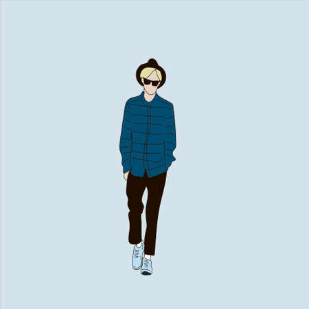 Vector illustration of Kpop street fashion. Street idols of Koreans. Kpop men's fashion idol. A guy...