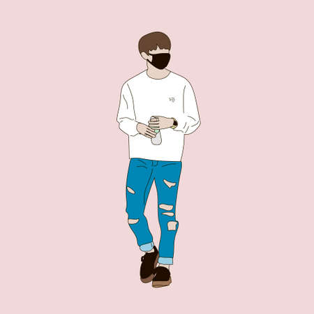 Vector illustration of Kpop street fashion. Street idols of Koreans. Kpop men's fashion idol. A guy...