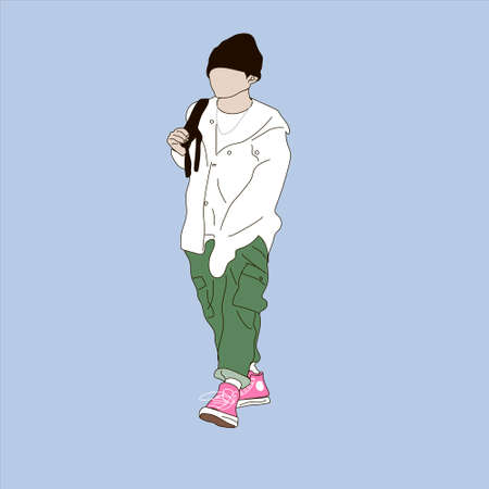 Vector illustration of Kpop street fashion. Street idols of Koreans. Kpop men's fashion idol. A guy in a white jacket, green pants, and pink sneakers.のイラスト素材