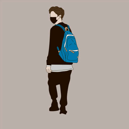 Vector illustration of Kpop street fashion. Street idols of Koreans. Kpop men's fashion idol. A guy in a black tracksuit and a blue backpack and a black mask.のイラスト素材