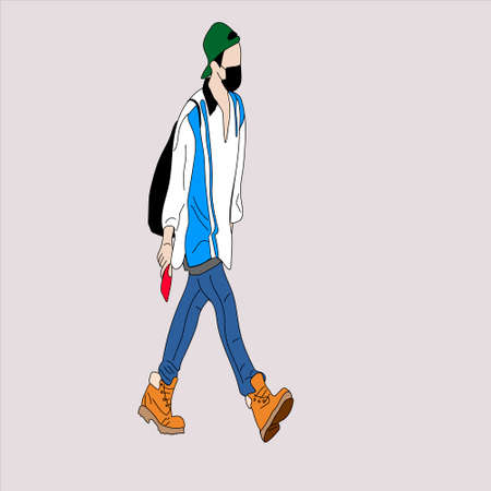 Vector illustration of Kpop street fashion. Street idols of Koreans. Kpop men's fashion idol. A guy in blue jeans and a white T-shirt with blue stripes and a backpack and a cap.のイラスト素材