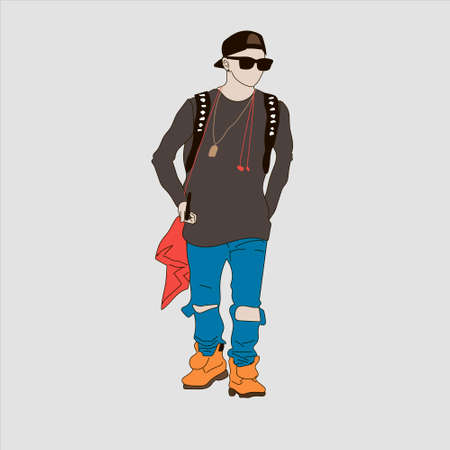 Vector illustration of Kpop street fashion. Street idols of Koreans. Kpop men's fashion idol. A guy...