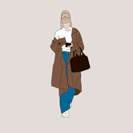 Vector illustration of Kpop street fashion. Street idols of Koreans. Kpop men's fashion idol. A girl in a brown coat with jeans and a black bag.のイラスト素材