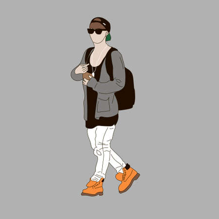 Vector illustration of Kpop street fashion. Street idols of Koreans. Kpop men's fashion idol.A guy in white jeans and a gray cardigan with boots and backpacks.のイラスト素材