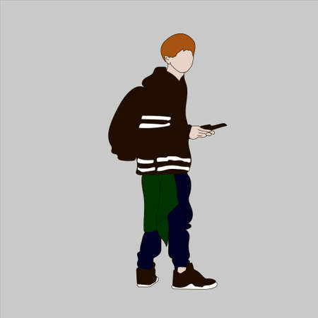 Vector illustration of Kpop street fashion. Street idols of Koreans. Kpop men's fashion idol.A guy in jeans and a black sweatshirt and carrying a backpack.のイラスト素材