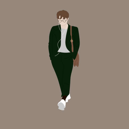 Vector illustration of Kpop street fashion. Street idols of Koreans. Kpop men's fashion idol. A guy in a green suit with a brown bag.のイラスト素材