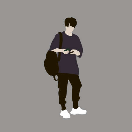 Vector illustration of Kpop street fashion. Street idols of Koreans. Kpop men's fashion idol.A guy in black jeans and a T-shirt.のイラスト素材