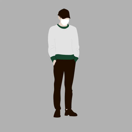 Vector illustration of Kpop street fashion. Street idols of Koreans. Kpop male fashion idol. A guy in black jeans and a gray sweatshirt with a mask on his face.のイラスト素材