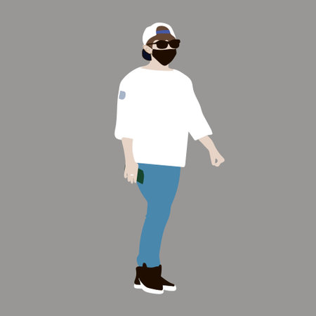 Vector illustration of Kpop street fashion. Street idols of Koreans. Kpop men's fashion idol. A guy in blue jeans and a white T-shirt with a mask on his face.のイラスト素材