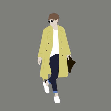 Vector illustration of Kpop street fashion. Street idols of Koreans. Fashion for male idols Kpop. A guy in blue jeans and a mustard raincoat and white sneakers.のイラスト素材