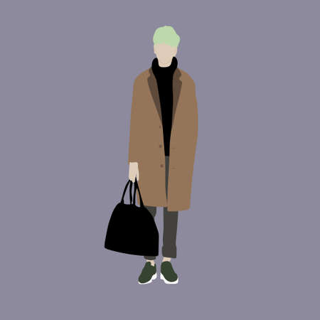 Vector illustration of Kpop street fashion. Street idols of Koreans. The idol of Kpop men's fashion. A guy in a brown coat and gray trousers with sneakers.のイラスト素材