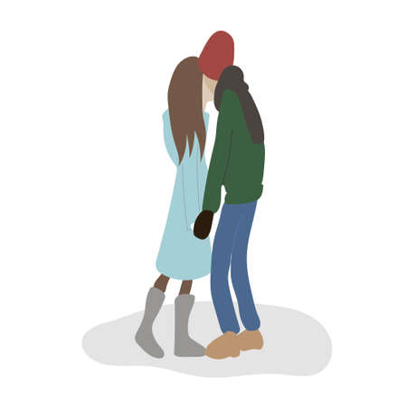 A couple in love in warm clothes. A guy and a girl holding hands.のイラスト素材