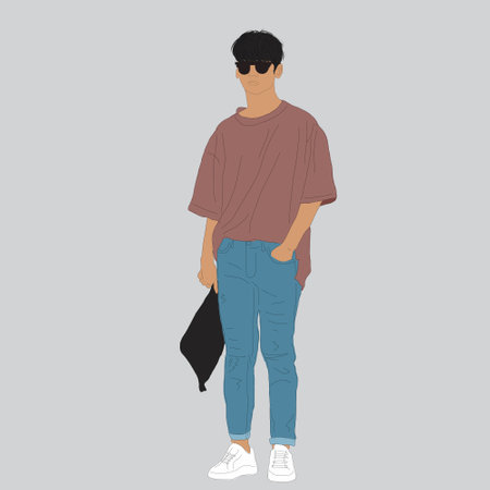 Vector illustration of Kpop street fashion. Street idols of Koreans. Men's fashion idols Kpop. A guy in a dark pink T-shirt and jeans and a white sneaker.のイラスト素材