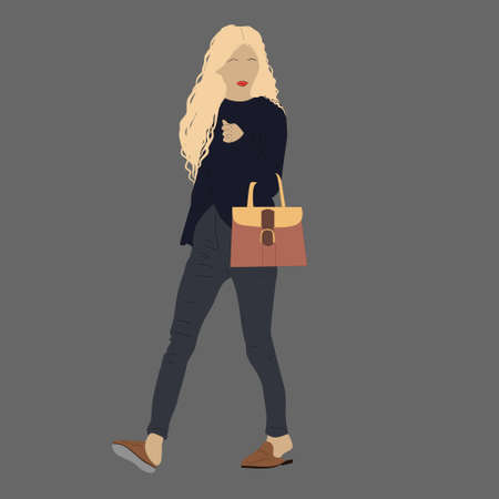 Vector illustration of Kpop street fashion. Street idols of Koreans. Kpop women's fashion idol. A girl with blonde hair in black trousers and with a brown bag.のイラスト素材