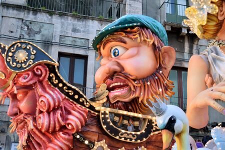 Acireale (CT), Italy - February 28, 2017: detail of a allegorical float depicting the mythological figure of Polyphemus, during the carnival parade along the streets of Acireale.のeditorial素材