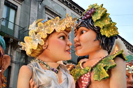 Acireale (CT), Italy - February 28, 2017: detail of a allegorical float depicting the two mythological lovers Aci and Galatea, during the carnival parade along the streets of Acireale.のeditorial素材