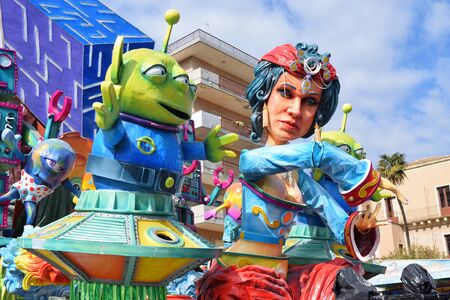 Acireale (CT), Italy - February 16, 2020: detail of a allegorical float depicting various fantasy characters during the carnival parade along the streets of Acireale.のeditorial素材