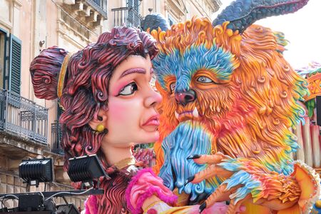 Acireale (CT), Italy - February 16, 2020: detail of a allegorical float depicting the characters of...