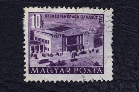 Valverde (CT), Italy - January 15, 2023: An old postage stamp from Hungary showing Public building