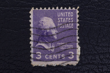 Valverde (CT), Italy - January 15, 2023: an old postage stamp from USA showing a drawing of Tomas Jeffersonのeditorial素材