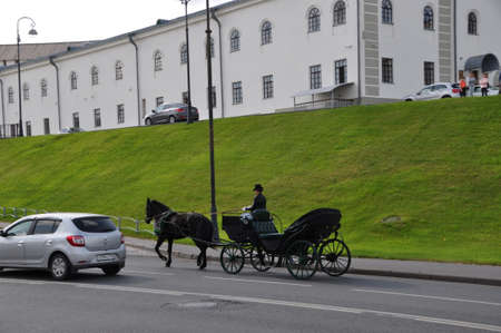 A carriage with a horse rides along the city road. Clear sunny day