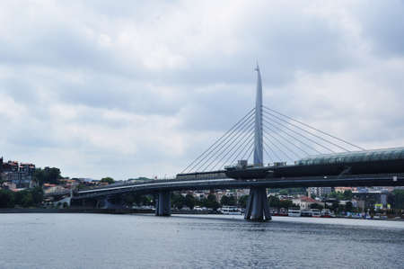 Panorama of a rainy day. Thunderclouds over the city. Bridge over the Golden Horn. July 09, 2021, Istanbul, Turkey.のeditorial素材