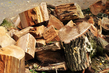 Sawed tree trunk. Choppers for chopping wood for heating the stove. Background.