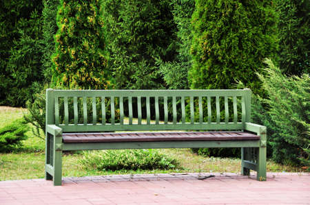 View of a beautiful wooden bench. Large green bench in the city park. Bench on the background of thuja.の写真素材