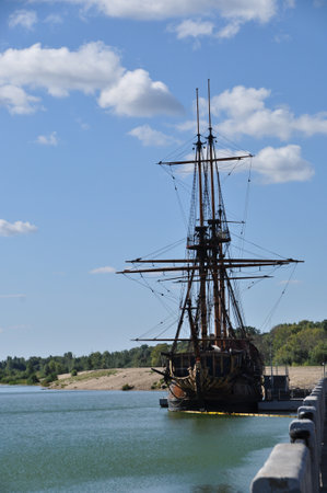 An old wooden ship with high masts. The ship is off the coast. September 07, 2021, Voronezh, Russia.のeditorial素材
