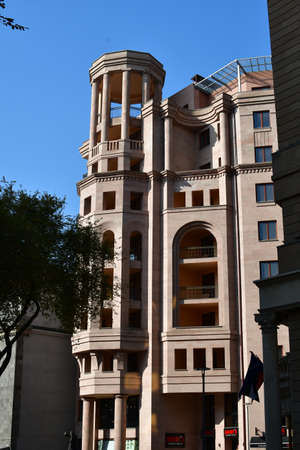 View of the beautiful building and the entrance to the Burger House. November 10, 2021, Yerevan, Armenia.のeditorial素材