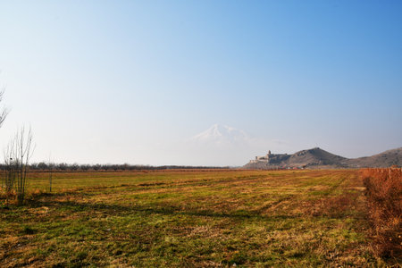 View of Mount Ararat, the old monastery and the mown green field.の写真素材