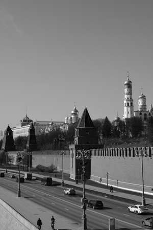 black and white photography. Panoramic view of the Moscow Kremlin and the Kremlin embankment. March 24, 2022 Moscow, Russia.のeditorial素材
