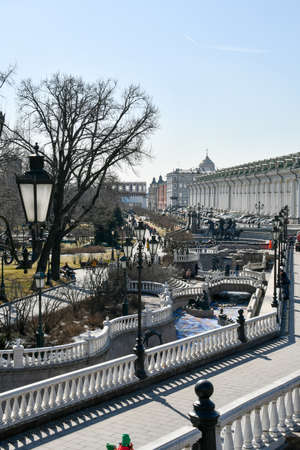 early spring. View of the fountains in the Alexander Garden of the Moscow Kremlin. March 24, 2022 Moscow, Russia.のeditorial素材