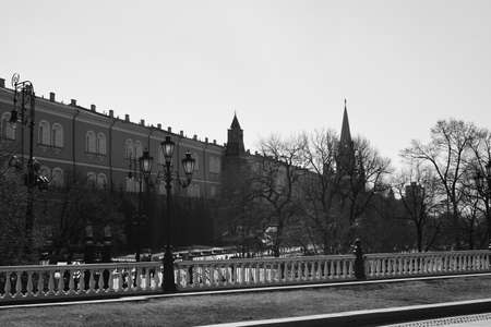 black and white photography. Panoramic view of the Moscow Kremlin and the building of the Arsenal. March 24, 2022 Moscow, Russia.のeditorial素材
