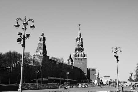 black and white photography. Panoramic view of the Moscow Kremlin and the Kremlin's Spasskaya Tower. March 24, 2022 Moscow, Russia.のeditorial素材