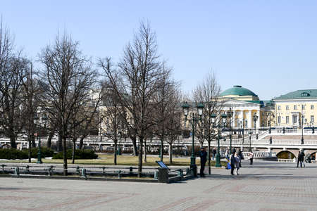 Panoramic view from the Alexander Garden of the Moscow Kremlin. old stone houses. March 24, 2022 Moscow, Russia.のeditorial素材